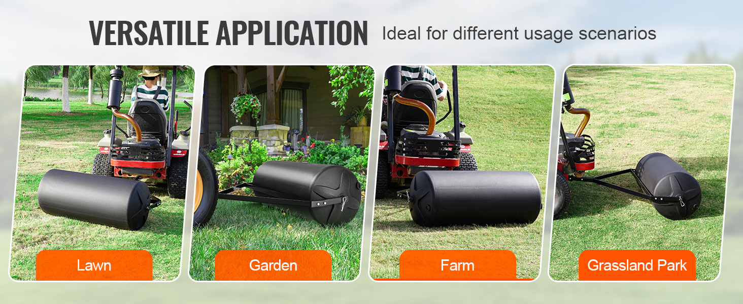 VEVOR tow behind lawn roller used on lawn, garden, farm, and grassland park for versatile application.