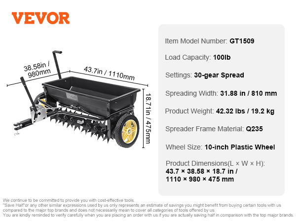 VEVOR seed spreader gt1509, 100lb capacity, 30-gear spread, 10-inch wheels, 31.88in spread width.