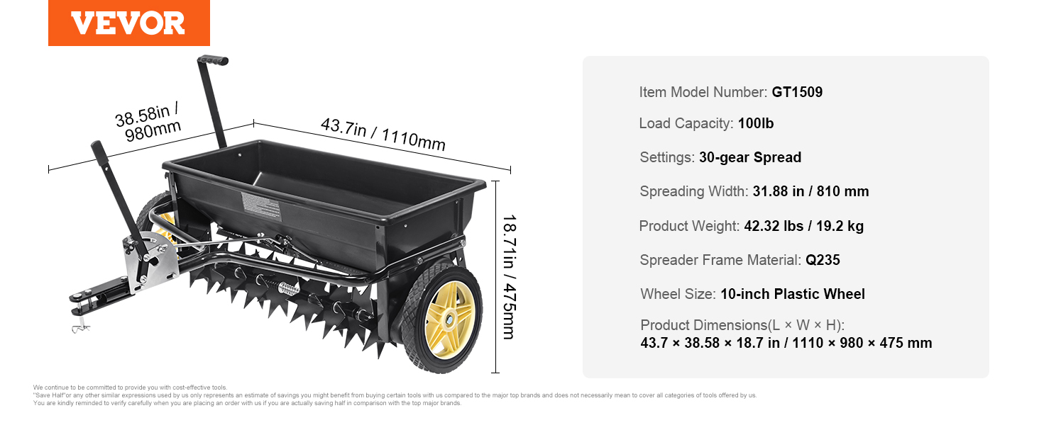 VEVOR seed spreader gt1509, 100lb capacity, 30-gear spread, 10-inch wheels, 31.88in spread width.