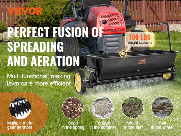 VEVOR seed spreader with 100 lbs capacity for efficient lawn care, spreading, and aeration year-round.
