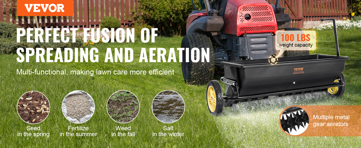VEVOR seed spreader with 100 lbs capacity for efficient lawn care, spreading, and aeration year-round.