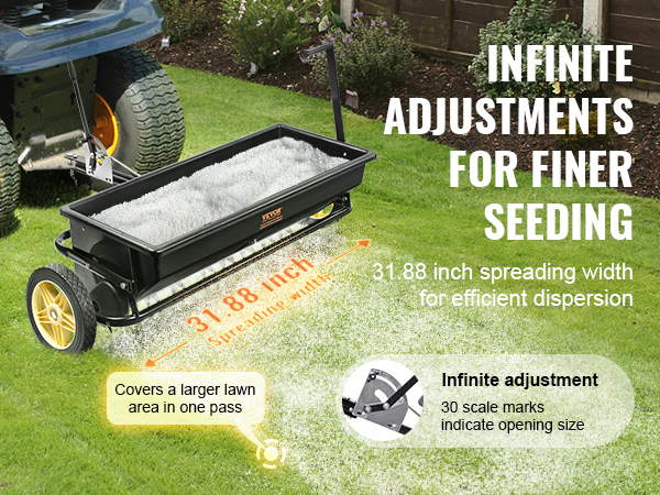VEVOR seed spreader with 31.88-inch spreading width, infinite adjustments for finer seeding.