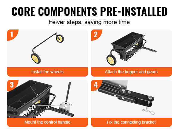 VEVOR seed spreader assembly: install wheels, attach hopper & gears, mount control handle, fix bracket.