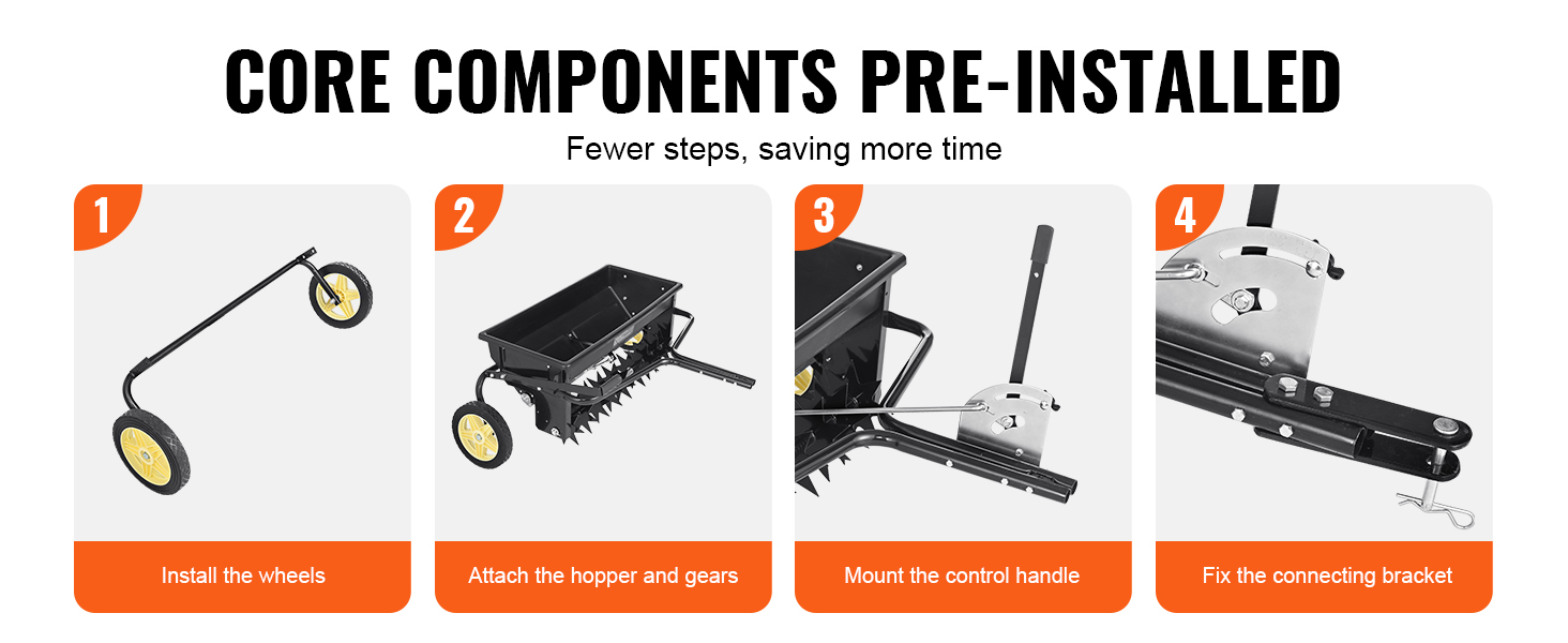 VEVOR seed spreader assembly: install wheels, attach hopper & gears, mount control handle, fix bracket.