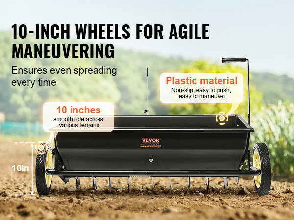 VEVOR seed spreader with 10-inch wheels, plastic material, and smooth maneuvering for even seed distribution.