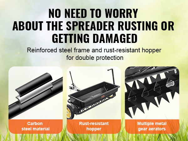 VEVOR seed spreader with rust-resistant hopper, reinforced steel frame, and metal gear aerators.