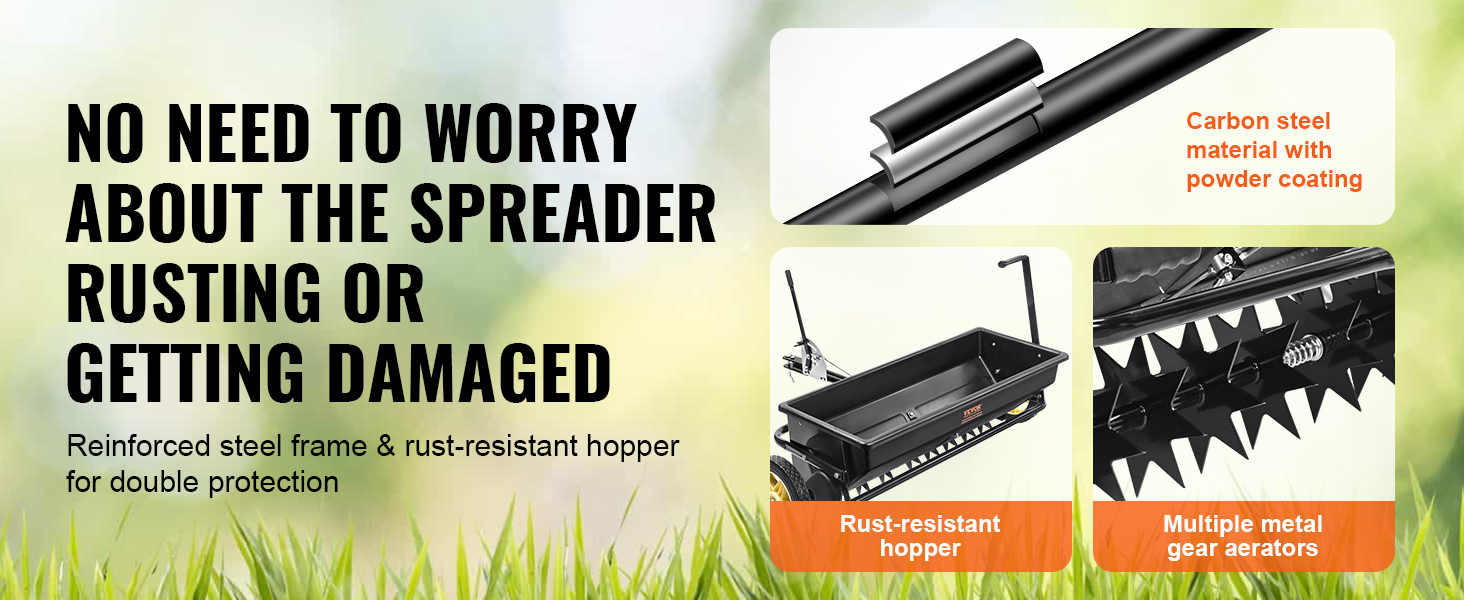 VEVOR seed spreader with rust-resistant hopper, reinforced steel frame, and metal gear aerators.