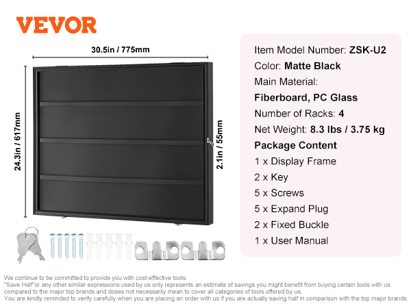 VEVOR sports card display case, matte black, model zsk-u2, fiberboard, pc glass, 4 racks, accessories included.