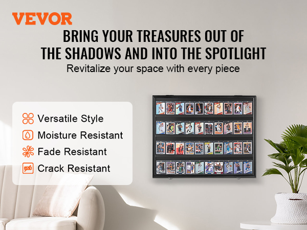 VEVOR sports card display case on wall, couch, and plant in a bright room with motivational text.