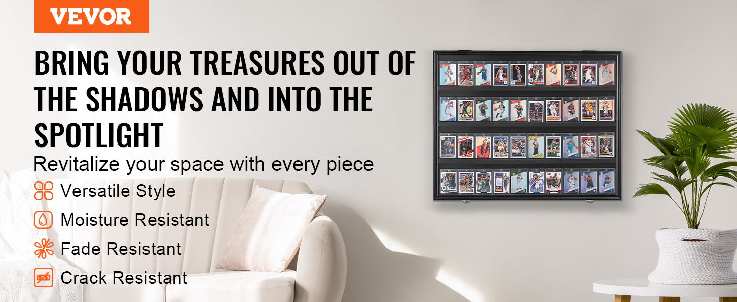 VEVOR sports card display case on wall, couch, and plant in a bright room with motivational text.