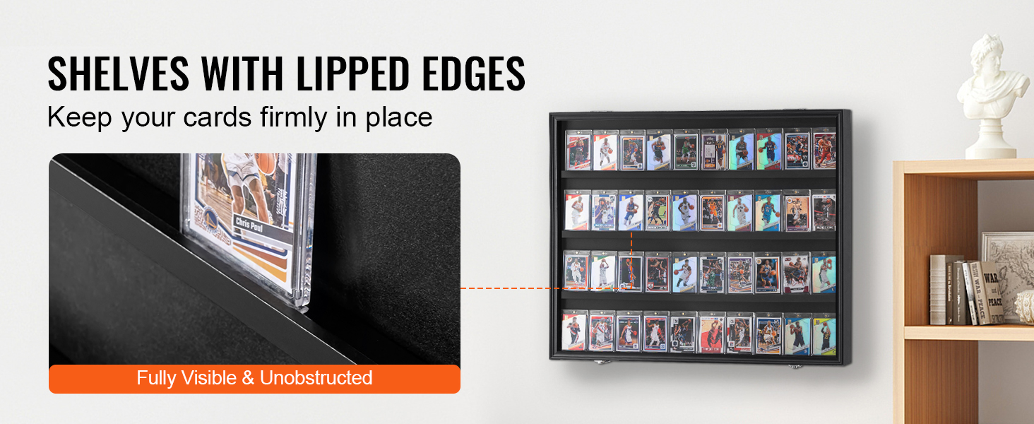 VEVOR sports card display case with lipped shelves keeping cards securely in place on a wall.