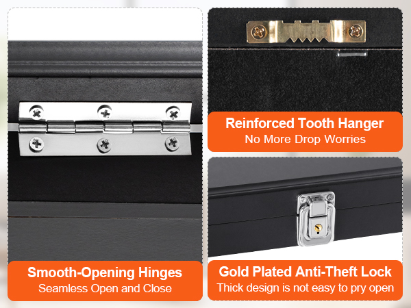 smooth-opening hinges, reinforced tooth hanger, and gold plated anti-theft lock on VEVOR sports card display case.