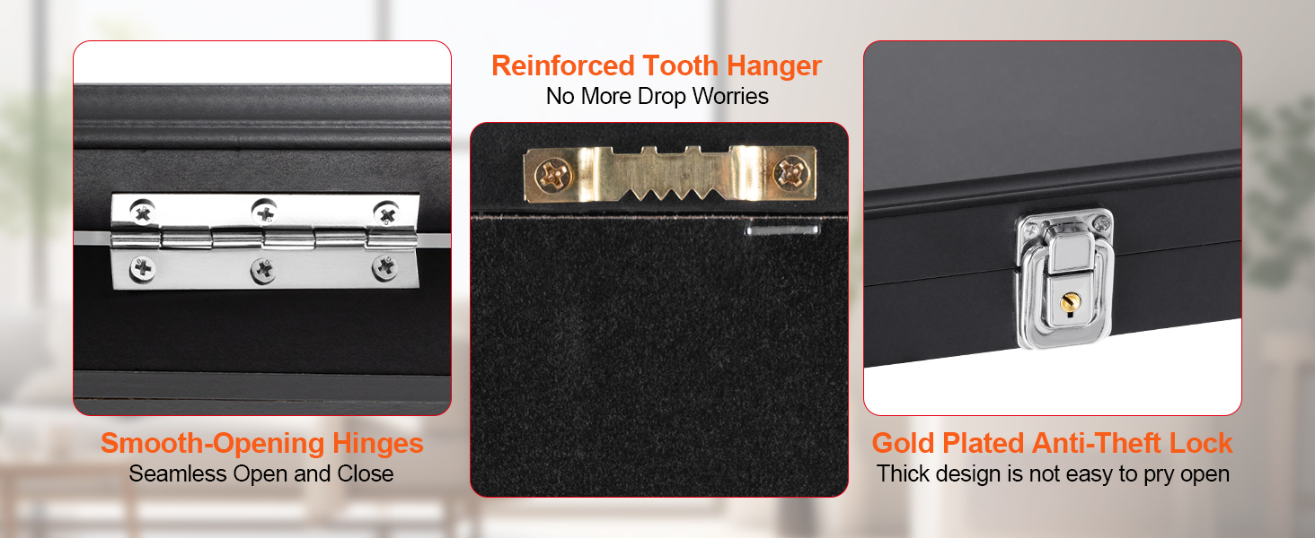 smooth-opening hinges, reinforced tooth hanger, and gold plated anti-theft lock on VEVOR sports card display case.