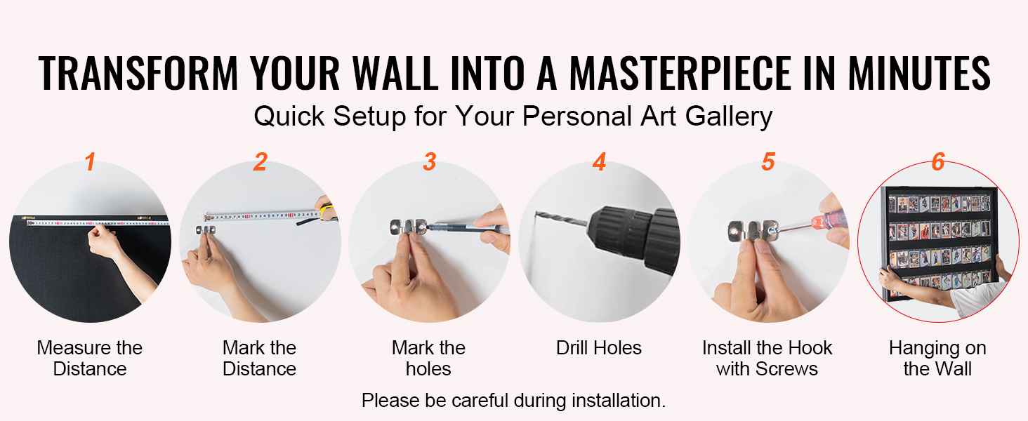 steps to install a VEVOR sports card display case: measure, mark, drill, install hooks, hang display.