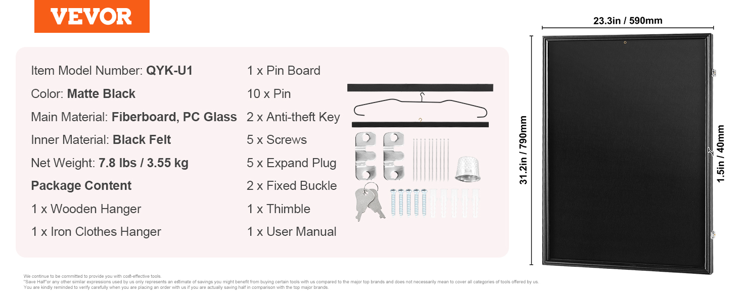 VEVOR jersey display case specs and package content against a matte black display background featuring dimensions.