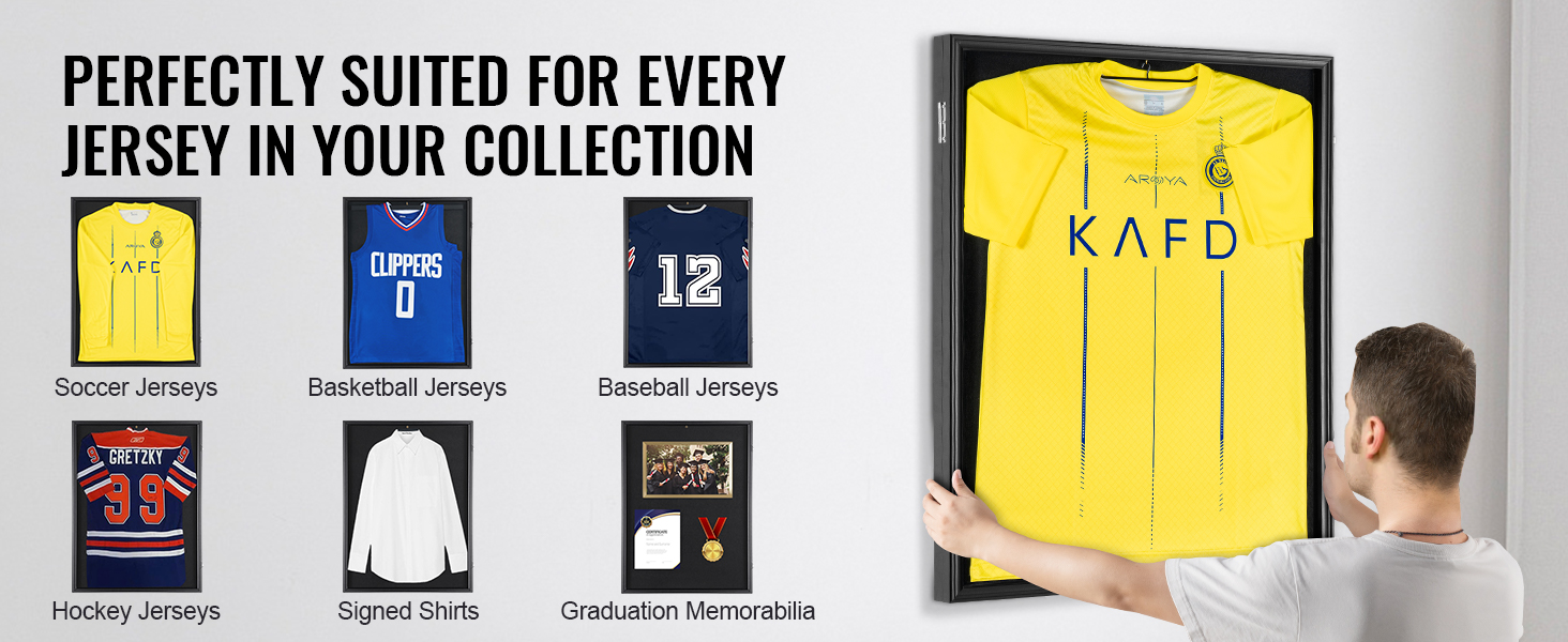 VEVOR jersey display case showcasing soccer, basketball, baseball, and hockey jerseys, plus signed shirts and graduation memorabilia.