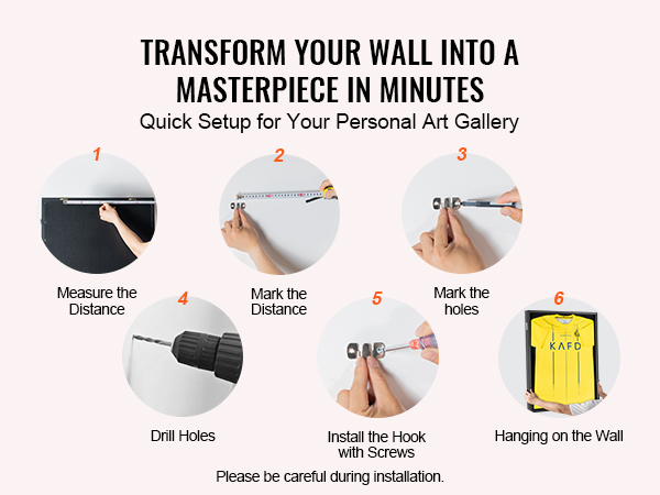 transform your wall with quick setup steps for the VEVOR jersey display case: measure, mark, drill, hook, hang.