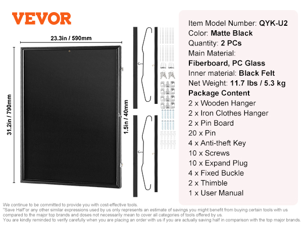 VEVOR jersey display frame qyk-u2, matte black, 23.3x31.2 in, includes wooden hangers, screws, and manual.