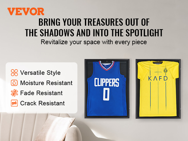VEVOR jersey display frame showcasing clippers and kafd jerseys, promoting versatile, moisture, fade, and crack resistance.