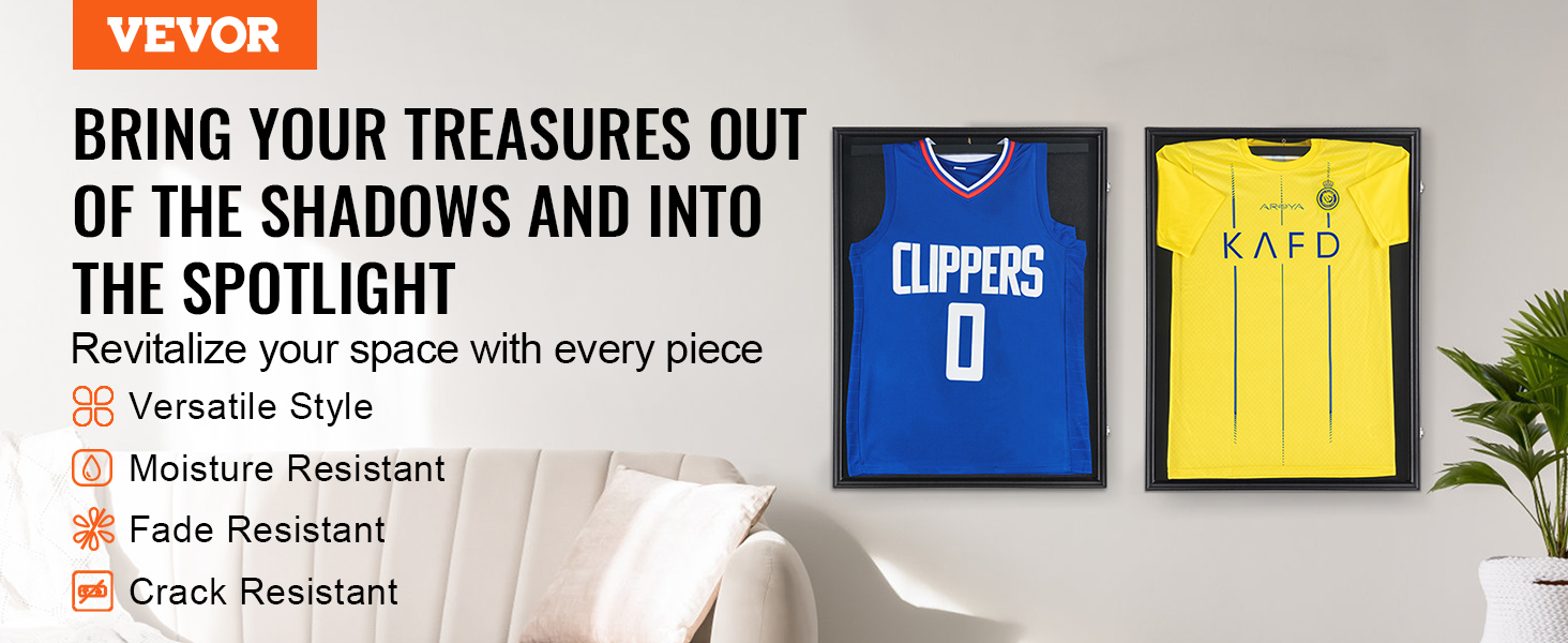 VEVOR jersey display frame showcasing clippers and kafd jerseys, promoting versatile, moisture, fade, and crack resistance.