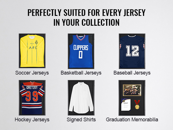 VEVOR jersey display frame showcasing soccer, basketball, baseball, and hockey jerseys, signed shirts, and graduation memorabilia.