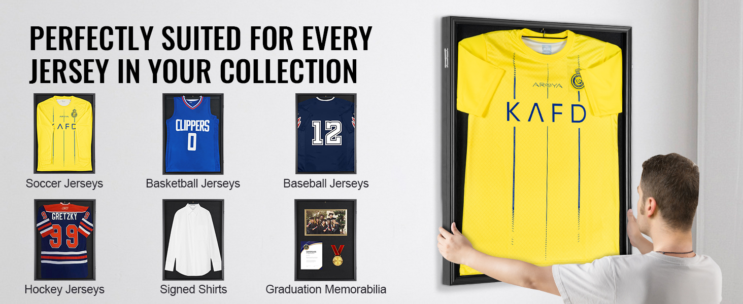 VEVOR jersey display frame showcasing soccer, basketball, baseball, and hockey jerseys, signed shirts, and graduation memorabilia.