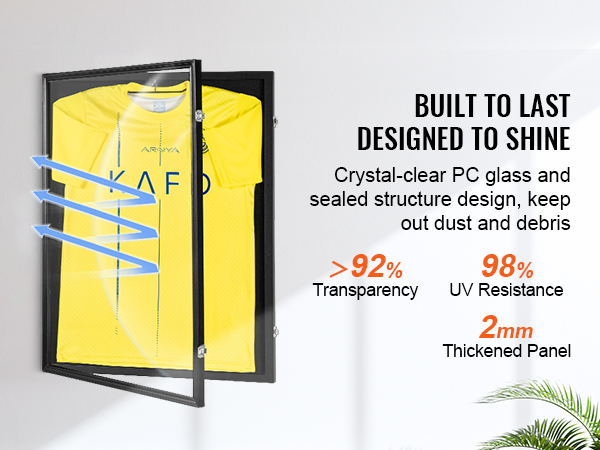 VEVOR jersey display frame with crystal-clear pc glass, sealed design, and high uv resistance.