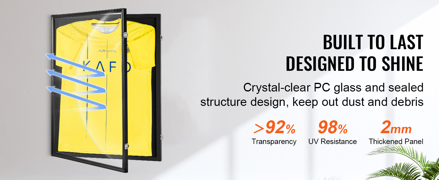 VEVOR jersey display frame with crystal-clear pc glass, sealed design, and high uv resistance.