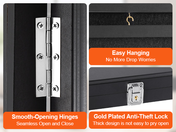 smooth-opening hinges, easy hanging hook, and gold plated anti-theft lock on VEVOR jersey display frame.