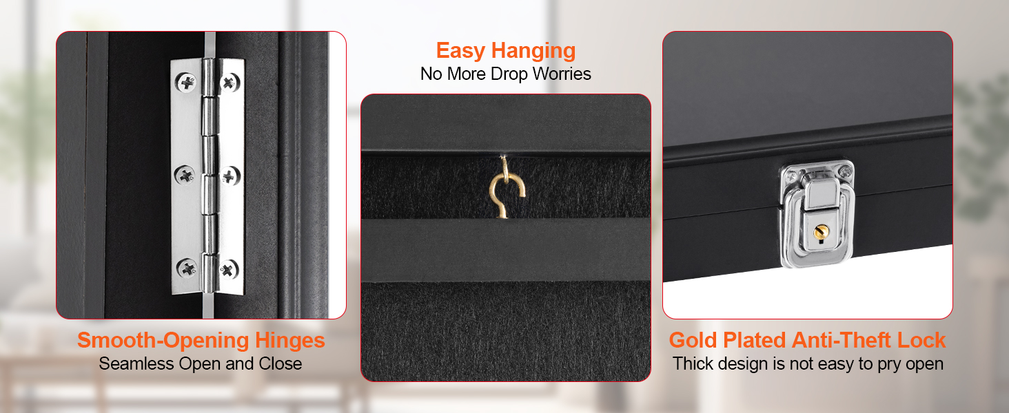 smooth-opening hinges, easy hanging hook, and gold plated anti-theft lock on VEVOR jersey display frame.
