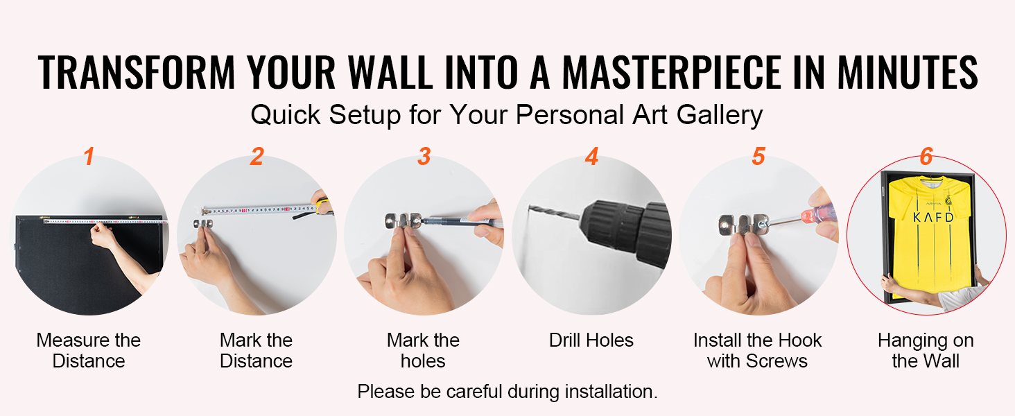 steps to set up VEVOR jersey display frame: measure, mark, drill, install, hang on wall.