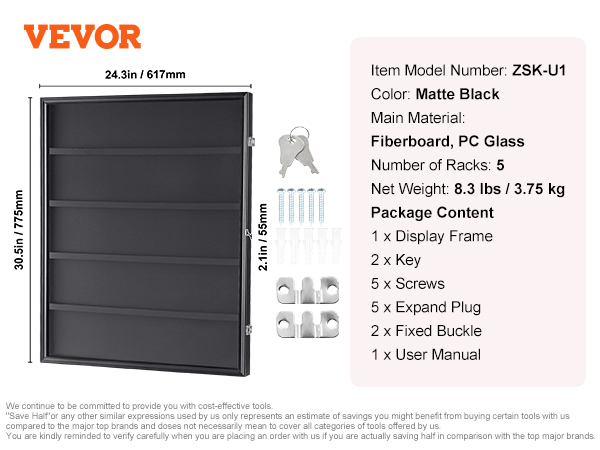 VEVOR sports card display case, matte black, fiberboard and pc glass, 5 racks, 24.3x30.5x2.1 inches
