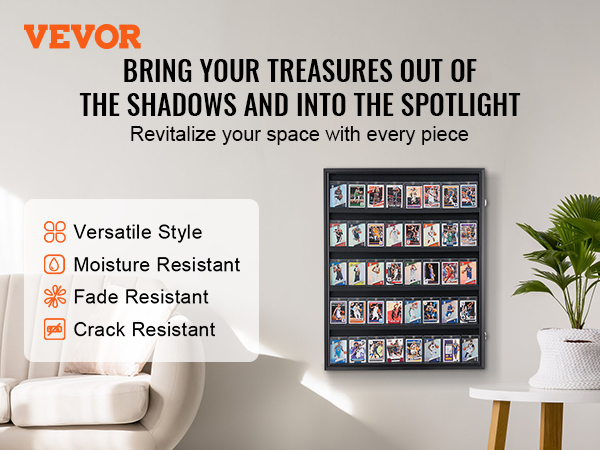 VEVOR sports card display case on wall in living room, showcasing organized sports cards. verdant plant nearby.