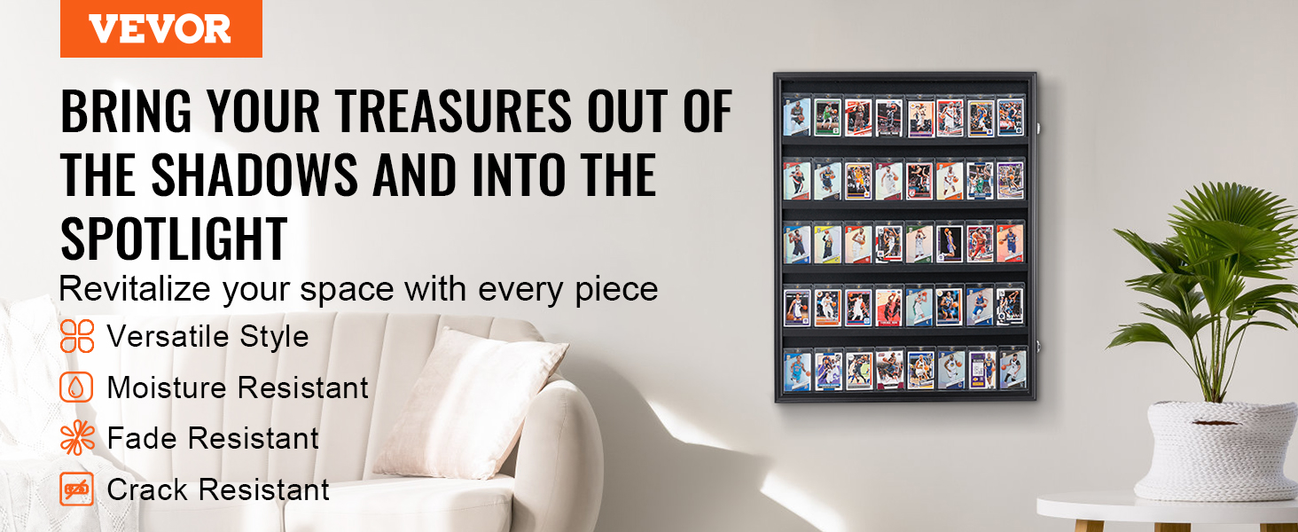 VEVOR sports card display case on wall in living room, showcasing organized sports cards. verdant plant nearby.