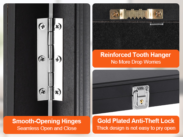 smooth-opening hinges, reinforced tooth hanger, gold plated anti-theft lock details on VEVOR sports card display case.