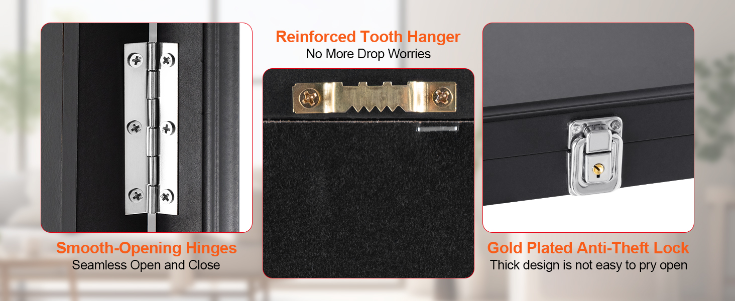 smooth-opening hinges, reinforced tooth hanger, gold plated anti-theft lock details on VEVOR sports card display case.