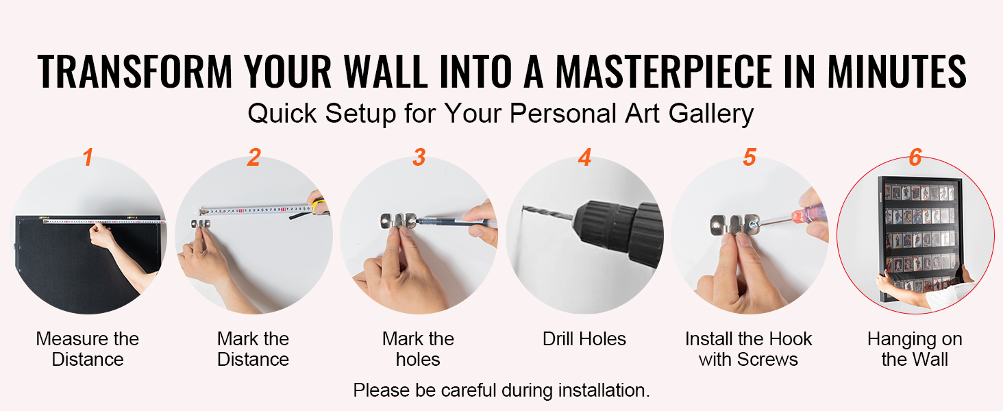 quick setup guide for VEVOR sports card display case: measure, mark, drill, install, and hang on the wall.