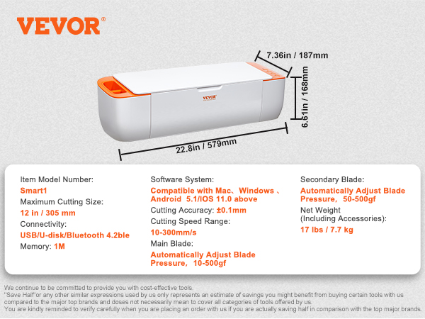 VEVOR vinyl cutter machine, dimensions, specs, connectivity, and compatibility highlighted.