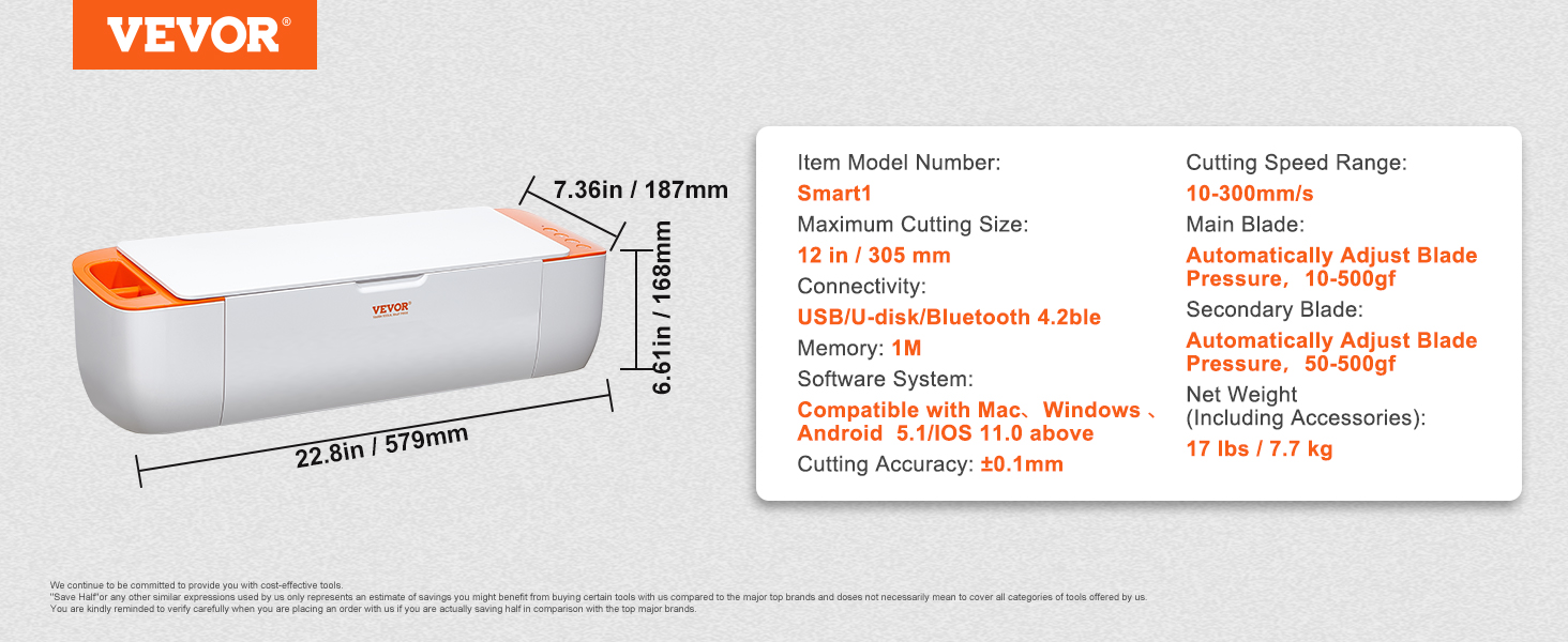 VEVOR vinyl cutter machine, dimensions, specs, connectivity, and compatibility highlighted.