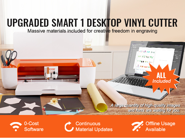 VEVOR vinyl cutter machine on a desk with creative materials, scissors, and a laptop displaying designs.
