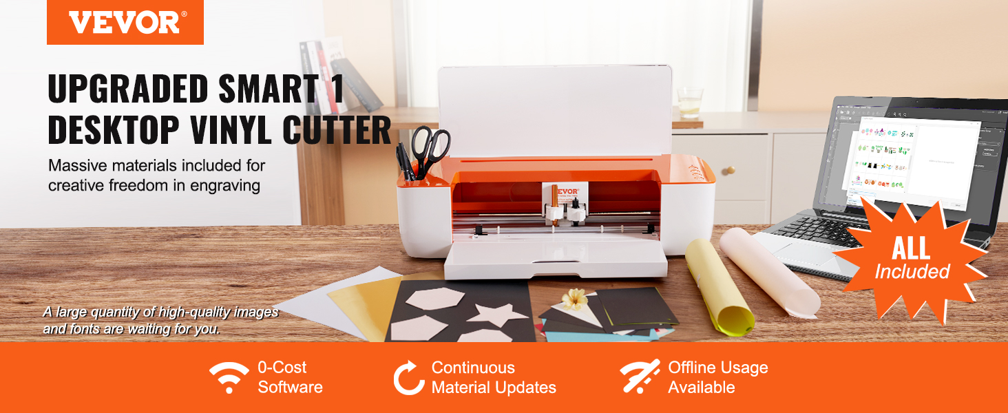 VEVOR vinyl cutter machine on a desk with creative materials, scissors, and a laptop displaying designs.