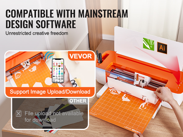VEVOR vinyl cutter machine in use, cutting shapes with design software compatibility.