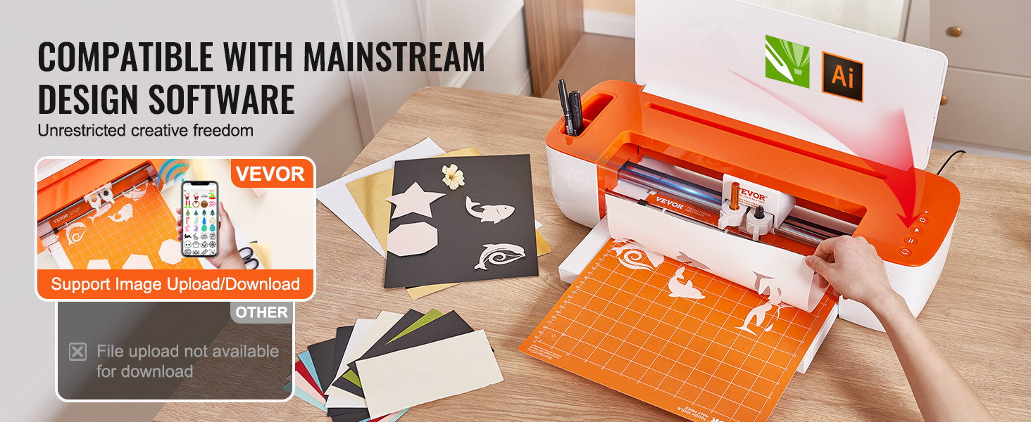 VEVOR vinyl cutter machine in use, cutting shapes with design software compatibility.