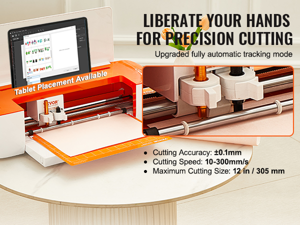 VEVOR vinyl cutter machine with tablet placement, vase with flowers, and scissors on a desk.