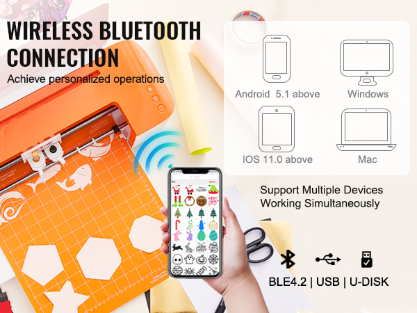 orange VEVOR vinyl cutter machine with bluetooth connection, supports multiple devices including android and ios.
