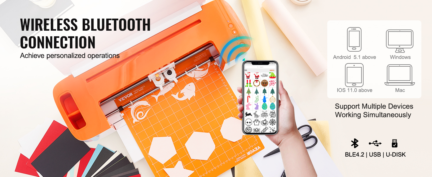 orange VEVOR vinyl cutter machine with bluetooth connection, supports multiple devices including android and ios.