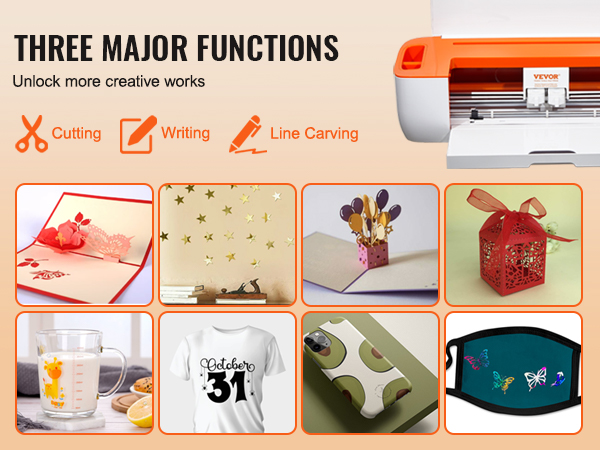 VEVOR vinyl cutter machine showcasing cutting, writing, and line carving functions with creative project examples.