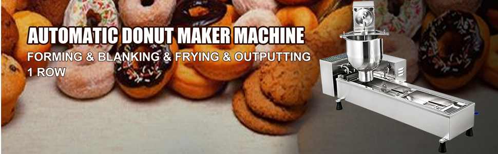 VEVOR donut making machine with donuts in the background