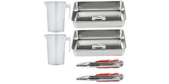two stainless steel trays, two clear pitchers, and two VEVOR donut making machine tools.