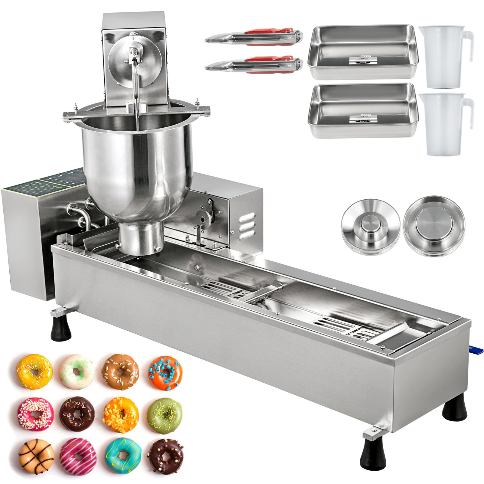 VEVOR donut making machine with mixing bowl, trays, measuring cups, and colorful donuts.